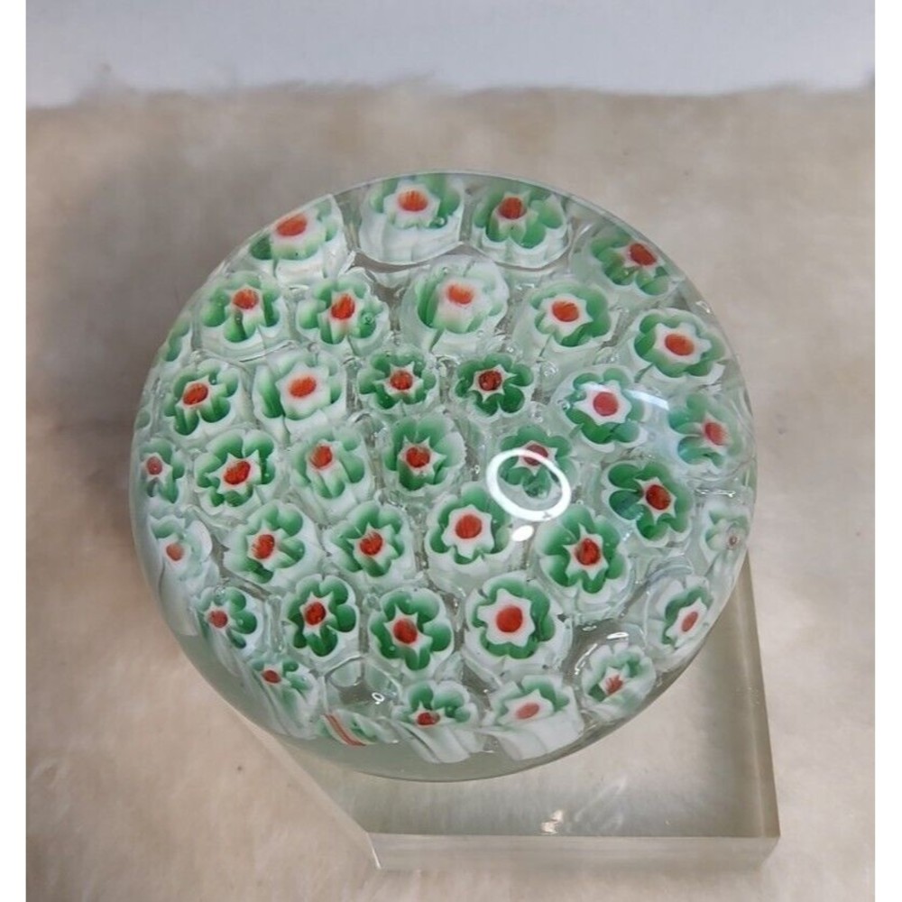 Vintage Millefiori Glass Paperweight 3" round red green & white polished…